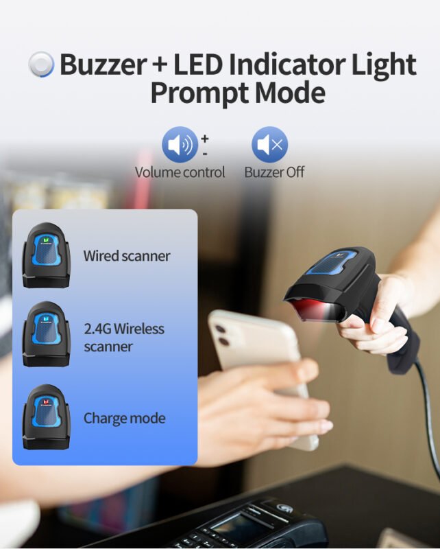 1D 2D QR Barcode Scanner Wireless and Wired with Battery Level Indicator Digital Printed Bar Code Reader Cordless Handheld Barcode Scanner (2)