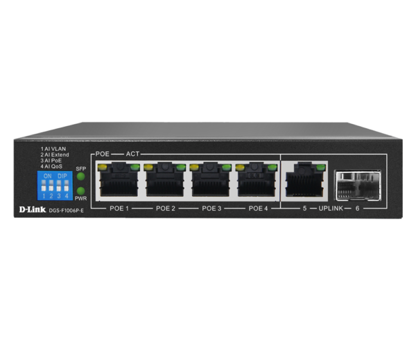 D-Link 6-Port Switch 250M 1000Mbps with 4 PoE Ports and 2 Uplink Ports - DGS-F1006P-E