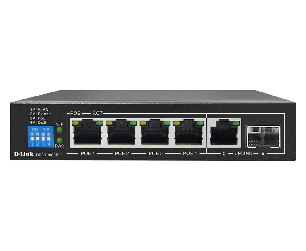 D-Link 6-Port Switch 250M 1000Mbps with 4 PoE Ports and 2 Uplink Ports - DGS-F1006P-E